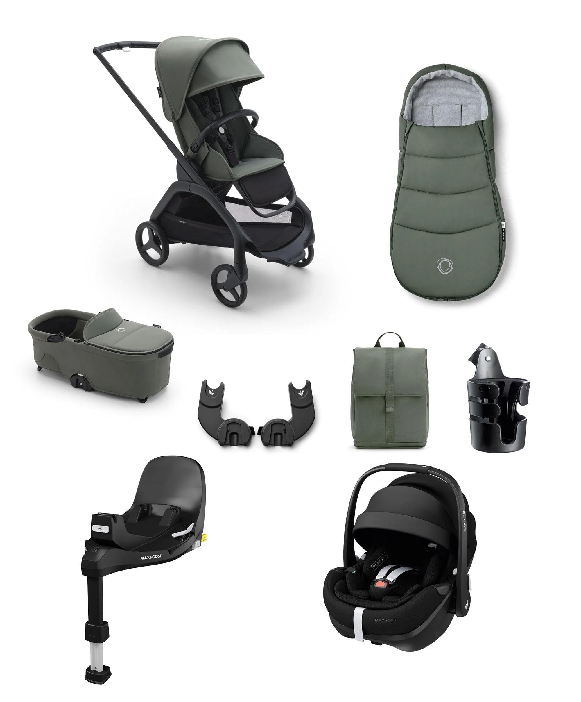 Bugaboo Dragonfly Complete Stroller Bundle With Maxi-Cosi Pebble 360 Pro² Car Seat & Base (8 Pieces) - Forest Green