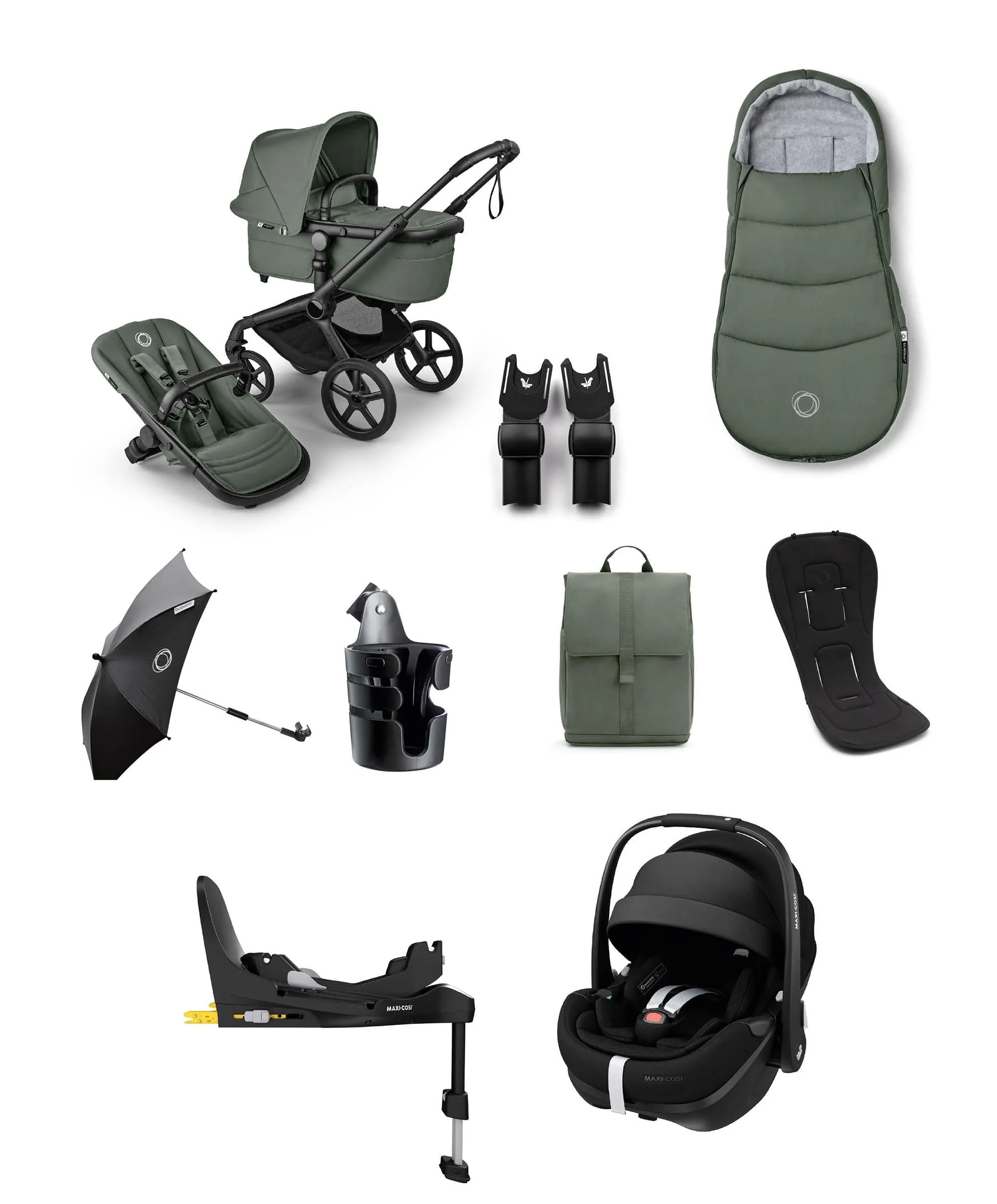 Bugaboo Fox 5 Renew Pushchair Bundle With Maxi-Cosi Pebble 360 Pro Car Seat & Base (9 Pieces) – Forest Green
