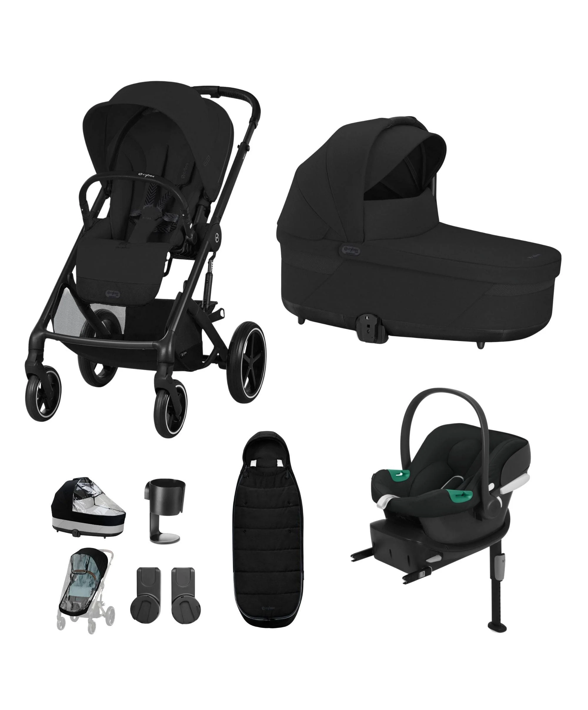 Cybex Balios Pushchair Bundle with Cybex Aton B2 i-Size Car Seat & Base (6 Pieces) - Moon Black