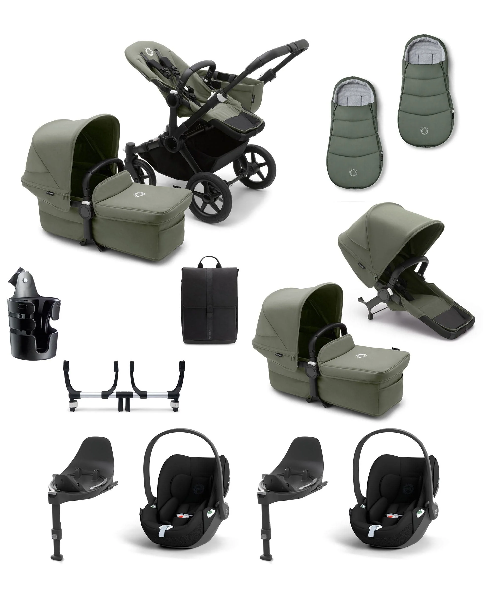 Bugaboo Donkey 5 Twin Pushchair Essential Bundle With Cybex Cloud T i-Size Rotating Baby Car Seat & Base (12 Pieces) - Forest Green
