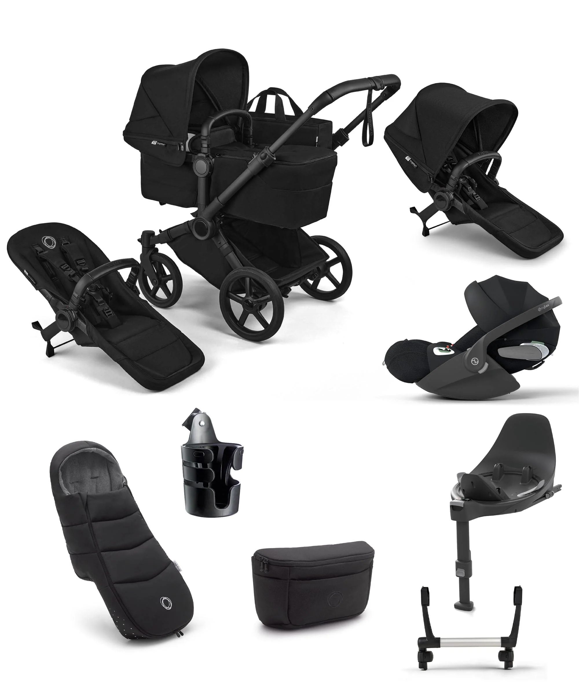 Bugaboo Donkey 6 Double Ultimate Pushchair Bundle With Cybex Cloud T+ i-Size Rotating Baby Car Seat & Base (8 Pieces) - Heritage Black