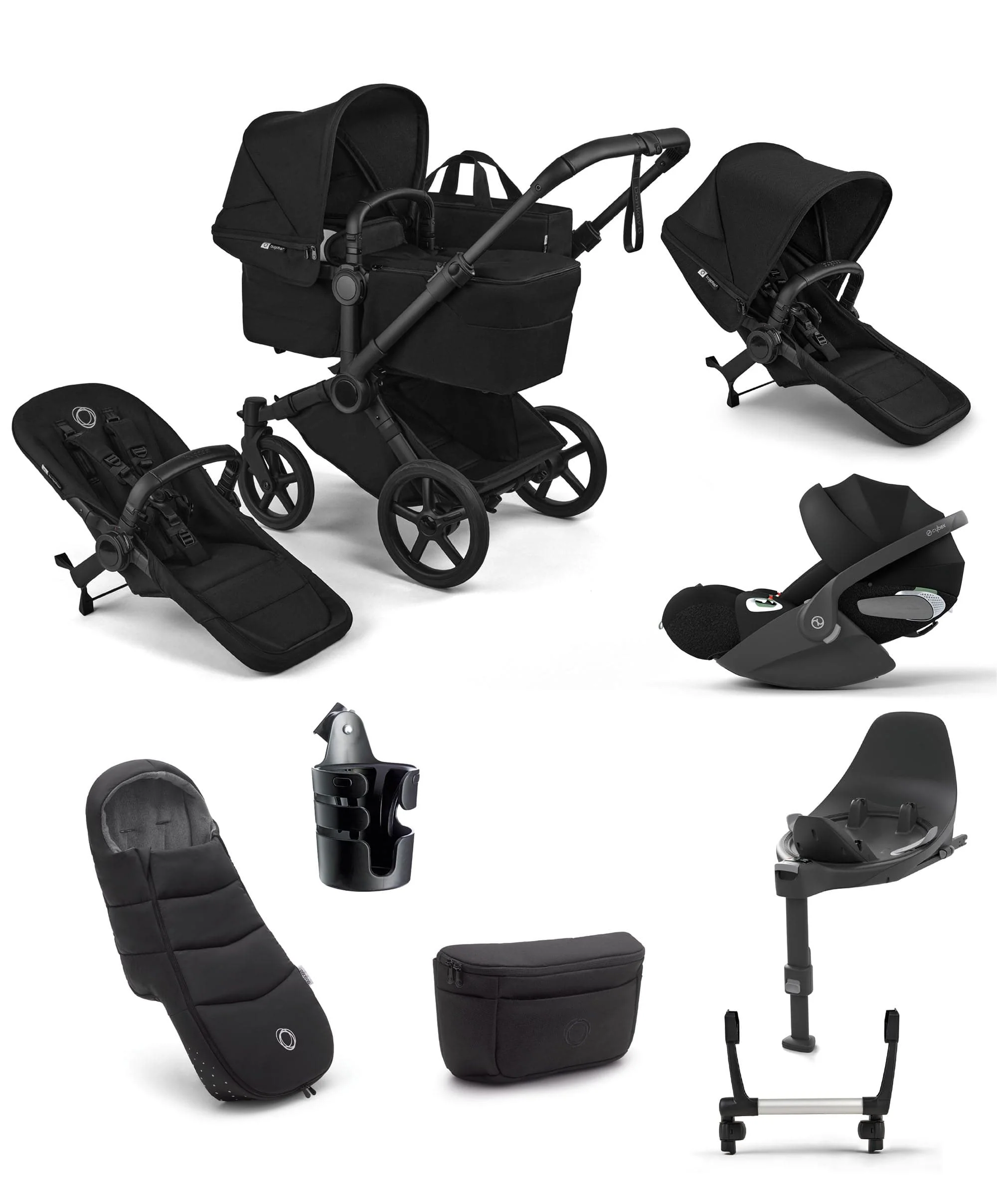 Bugaboo Donkey 6 Double Ultimate Pushchair Bundle With Cybex Cloud T i-Size Rotating Baby Car Seat & Base (8 Pieces) - Heritage Black