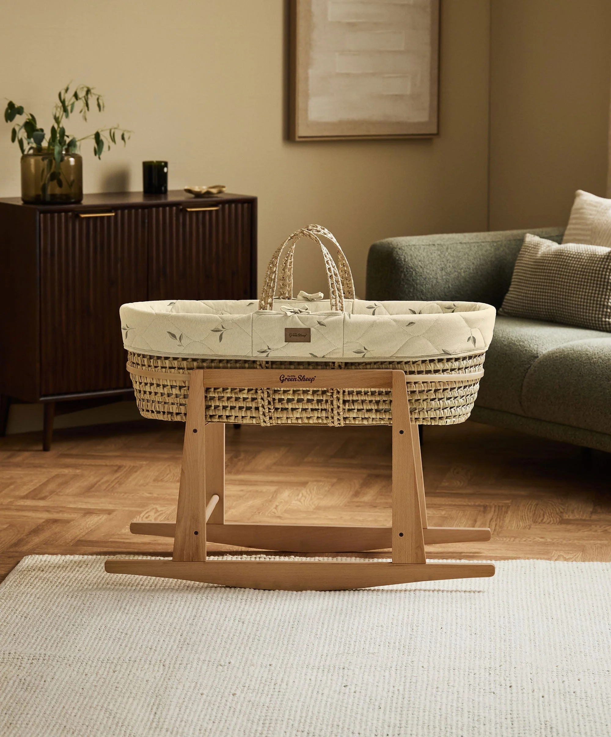 Little Green Sheep Quilted Moses Basket and Mattress - Leaves - Image 3