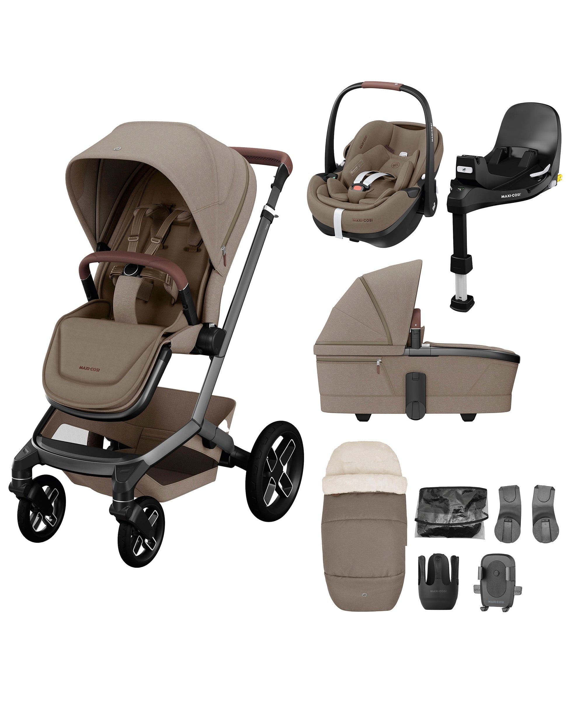 Maxi Cosi Fame Pushchair Bundle with Pebble 360 Pro² Car Seat (9 Pieces) - Truffle with Black Wheels