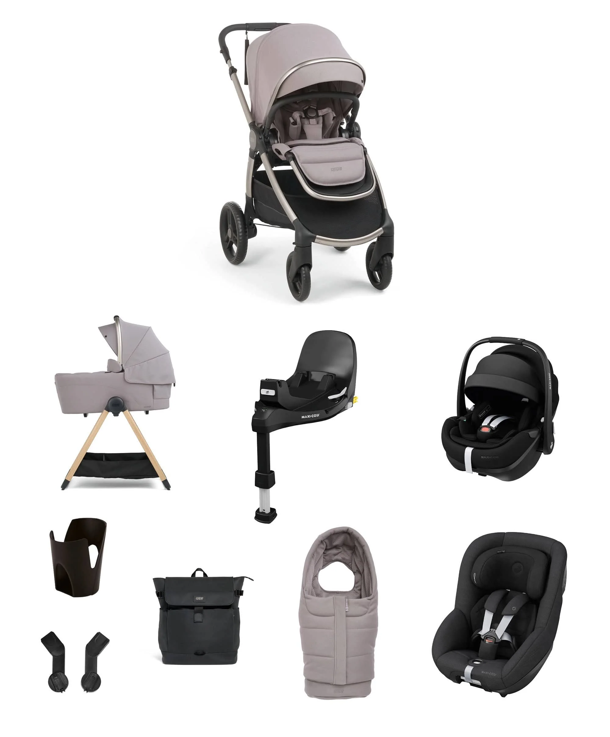 Ocarro 2 Pushchair Baby to Toddler Travel Bundle with Maxi-Cosi Pebble 360 Pro² & Pearl 360 Pro (10 Pieces) – Moonstone Grey