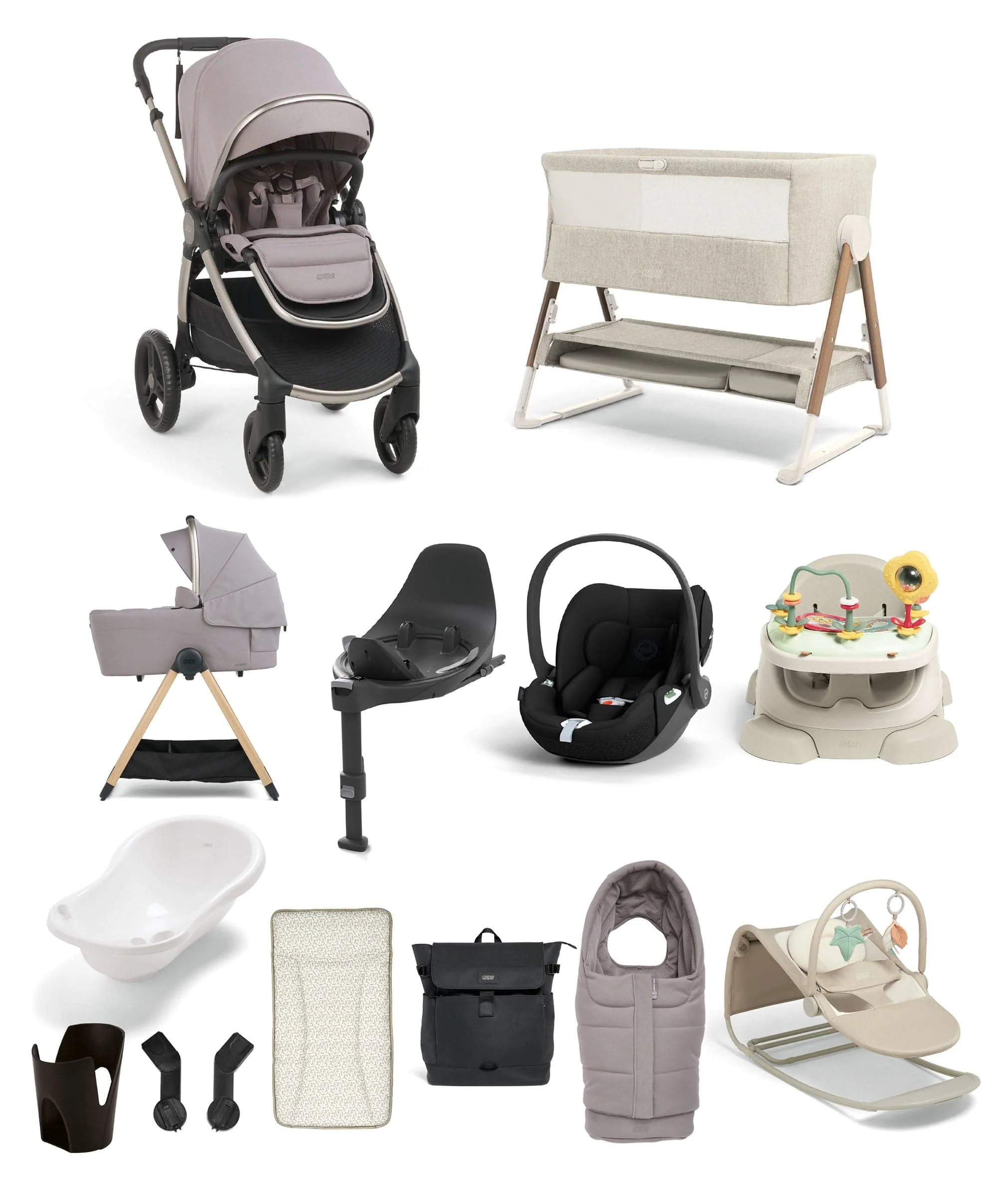 Ocarro 2 Pushchair Ultimate Newborn Bundle with Cybex Cloud T i-Size Rotating Baby Car Seat & Base (14 Pieces) - Moonstone Grey