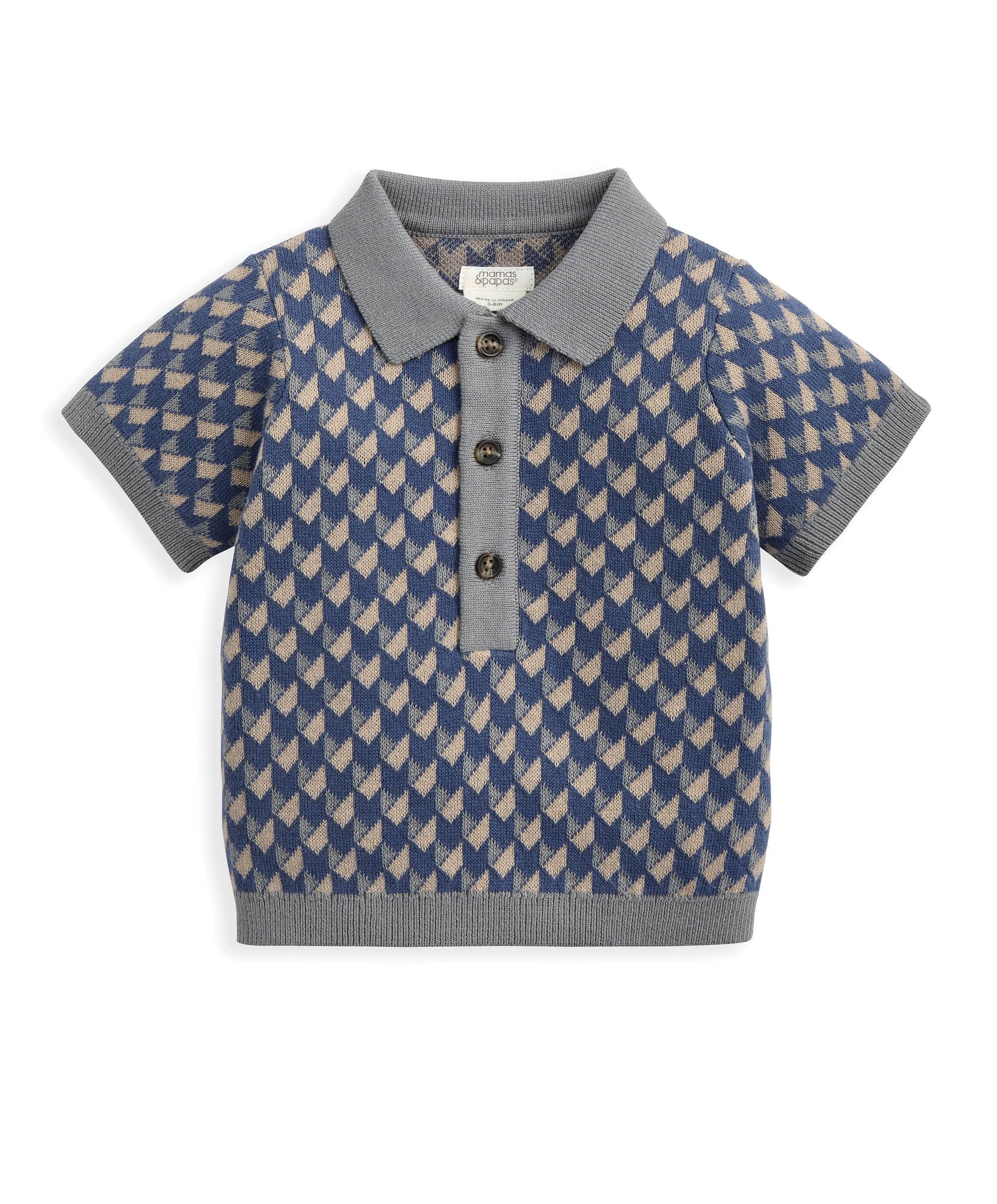 Jacquard Knit Polo Shirt with Button Placket - Blue - Image 2